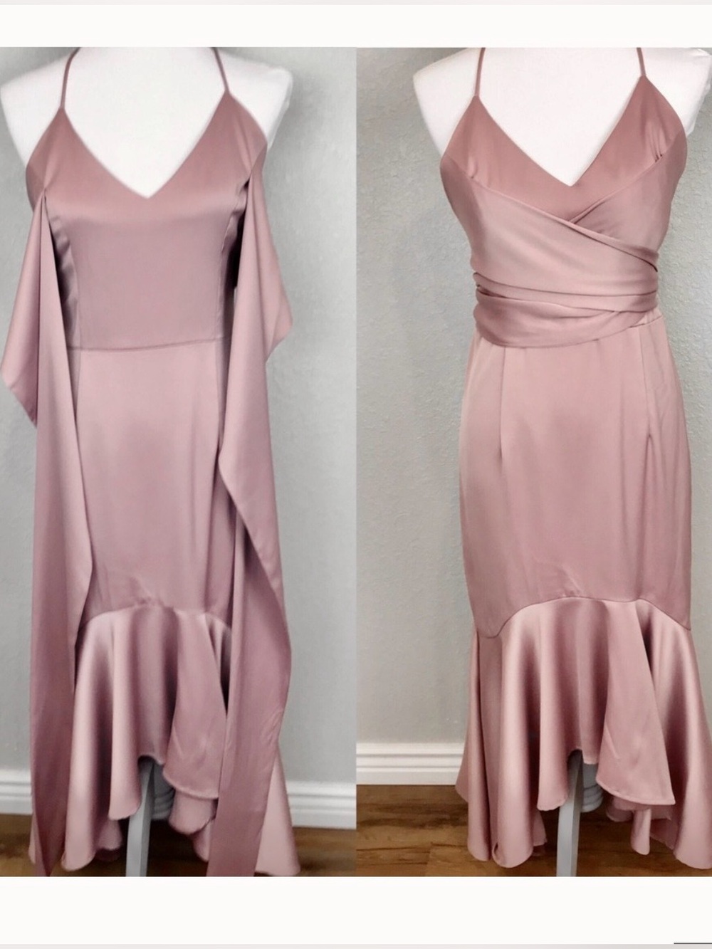 Gianni Bini Dillards dusty pink satin wrap tie fishtail high low midi dress